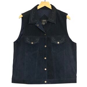VTG AGAPO Womens Vest M Navy Blue Suede Leather Embroidered Western